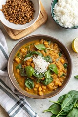 Hearty curry with rice and fresh spinach in a bowl.