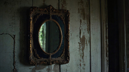 creepy setting antique mirror hanging on the wall