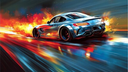 High-Speed Sports Car Race with Floating Rubbles Background - Gen Ai, Illustration