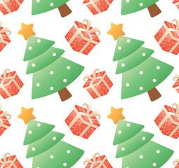 Festive seamless pattern with an image of a Christmas tree and red gifts. Ideal for Christmas wrapping paper, holiday background, textile or seasonal decoration.