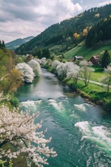 Fototapeta premium Serene river flowing through a lush green valley.
