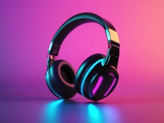 A sleek pair of modern headphones illuminated with vibrant blue and pink lights, set against a soft gradient background.
