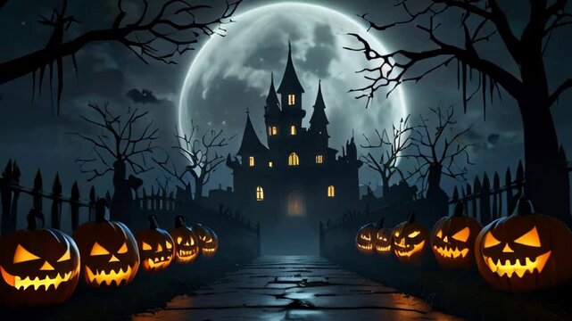 halloween night background with pumpkin, moon and castle silhouette