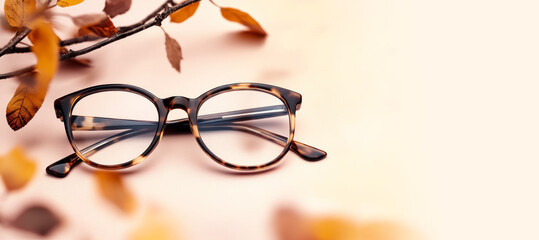 Fall glasses collection sale concept. Trendy eyeglasses on peach background with autumn leaves. Trendy Fashion accessories. Copy space. Seasonal sale, special offer. Optic store discount banner