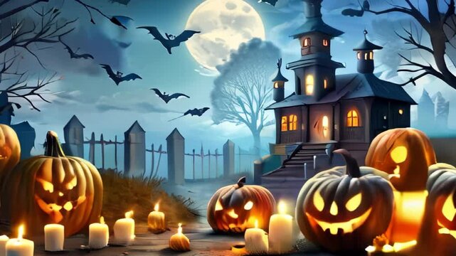 halloween background with pumpkin and bats in night cemetery