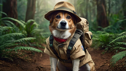 dog dressed as an explorer on a trail