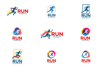 Running marathon logo set, sport athletic logo vector, sport running marathon