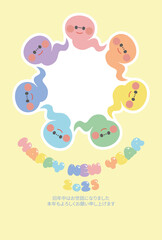 年賀状素材巳年の可愛いへびのキャラクター年賀はがきテンプレートフォトフレーム黄色