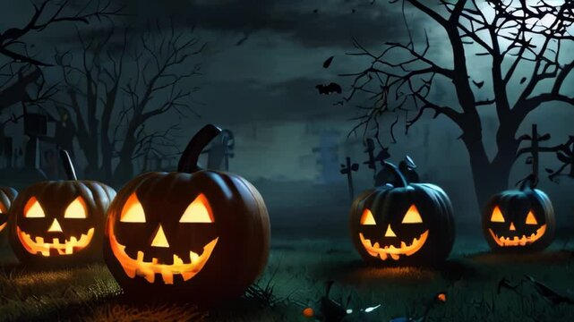 halloween background with pumpkin and bats at the cemetery