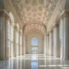 Spacious marble hall with towering columns, arched ceilings, and streaming sunlight
