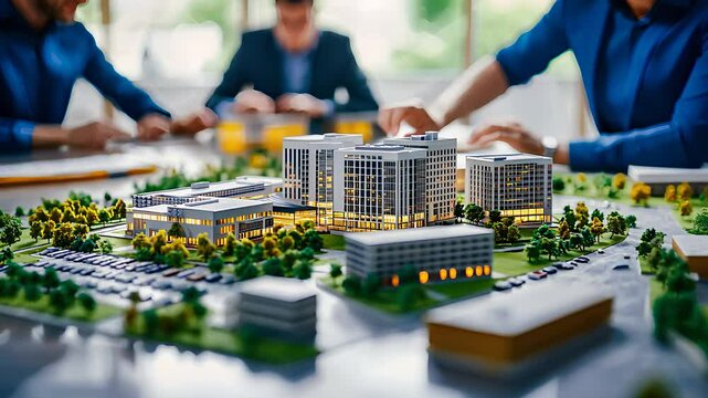 Architects working on a detailed urban development model, showcasing modern building design, planning, and real estate project collaboration.

