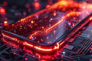 Futuristic smartphone visualization featuring quantum cryptography and neon digital elements
