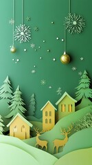 Fototapeta premium A paper cutout Christmas background with houses, reindeer, and snowflakes
