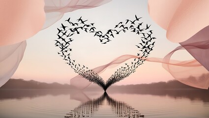 A romantic beach scene with birds flying in the sky and resting on the shore, surrounded by heart-shaped clouds and a summer vibe, symbolizing love and nature