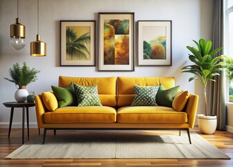 Fototapeta premium Stylish mustard color sofa in a modern living room setting with decorative cushions and artwork