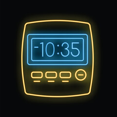 Glowing neon line digital alarm clock showing ten thirty five icon isolated on black background