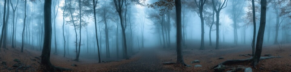 Obraz premium A forest with trees and a foggy sky