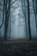 A forest with trees and a path. The sky is cloudy and the light is dim