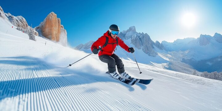 A man in a red jacket is skiing down a snow-covered slope. The sun is shining brightly, creating a warm and inviting atmosphere. The skier is focused on his descent, skillfully navigating the terrain