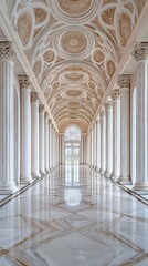 Spacious marble hall with towering columns, arched ceilings, and streaming sunlight