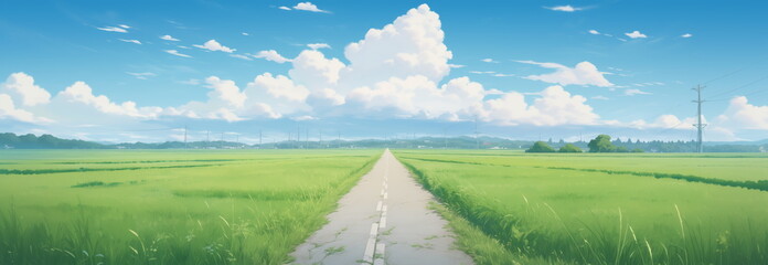 Fototapeta premium Beautiful grassy fields and summer blue sky with fluffy white clouds in the wind. Wide format. Hand edited generative AI.