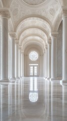 Spacious marble hall with towering columns, arched ceilings, and streaming sunlight