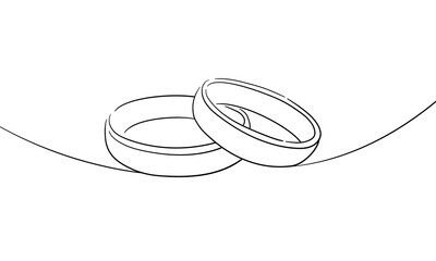 Wedding rings continuous line art drawing isolated on white background. Wedding outline. Vector illustration