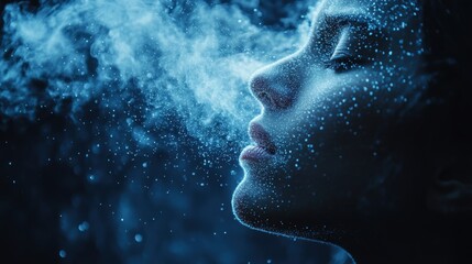 Glowing particles in the air as a person sneezes in slow motion, emphasizing the spread of germs in an ethereal way