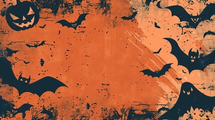 Flat lay Vector Illustration of Grunge Background Featuring Halloween Silhouettes, Happy Halloween
