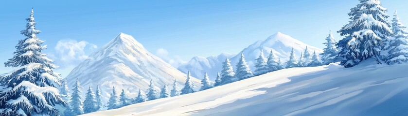 Fototapeta premium A serene winter landscape featuring snow-covered mountains and evergreen trees under a clear blue sky.