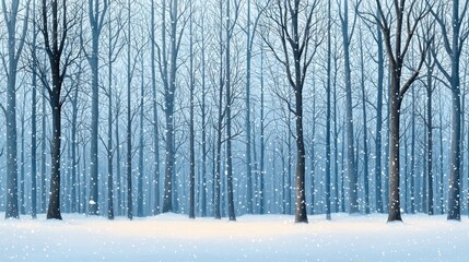 Obraz premium A serene winter landscape with delicate snowfall, showcasing bare trees in a tranquil forest setting.