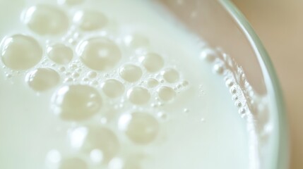 Fototapeta premium Closeup view of bubbles forming on the surface of fresh milk, showcasing its texture and purity, perfect for highlighting dairy products and culinary themes in photography