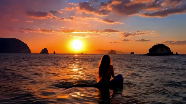 Silhouette of a beautiful mermaid sitting in the sea among the waves, gazing at the horizon with the sun setting and the fish tail outside. Cinematic landscape of a fairytale animated like a dream
