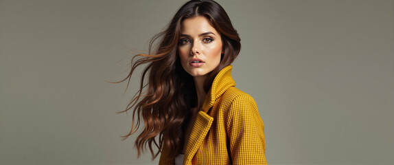 Stylish Portrait of a Woman in Yellow Coat with Flowing Hair