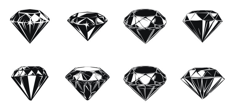 Black diamond shapes vector illustration. Set of various cut gemstone in different geometric styles.