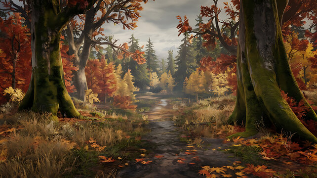 autumn seasion maple forest in the morning landscape view.
