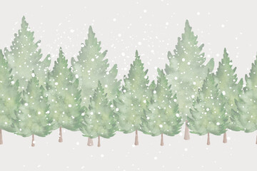 Watercolor winter forest, seamless border line, ribbon design for christmas decor