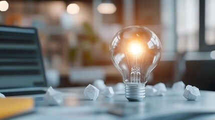 A glowing light bulb on a desk in a modern office setting, symbolizing creativity, innovation, and bright ideas in a professional environment.