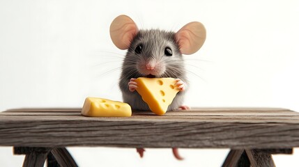 A cute grey mouse sits on a wooden table, holding a wedge of cheese with its tiny paws.  Another wedge of cheese sits on the table.  The mouse has big pink ears.  The background is a white wall.