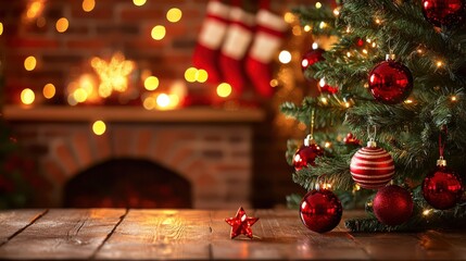 Cozy Christmas Scene with Golden and Red Decoration and Fireplace