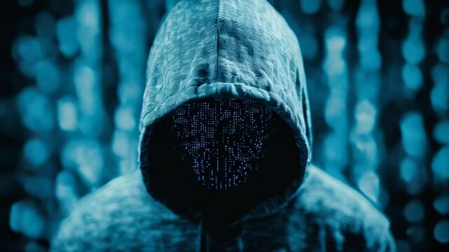 A hooded figure symbolizes the concept of cybersecurity, set against a blurred background of digital data streams and matrix-like patterns