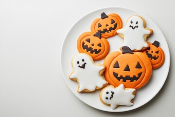 Fototapeta premium Festive Halloween cookies with ghosts and pumpkins on a white plate