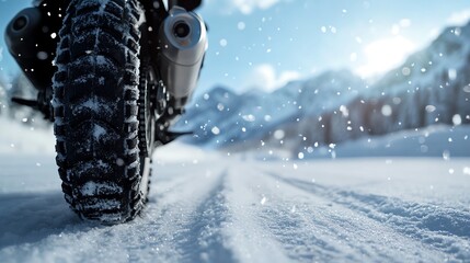 Close-up of a motorcycle tire on a snow-covered road with a backdrop of snow-capped mountains and falling snowflakes under a bright blue sky.