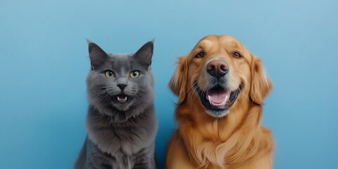 A cat and a dog are standing next to each other, with the dog looking at the camera and the cat looking away