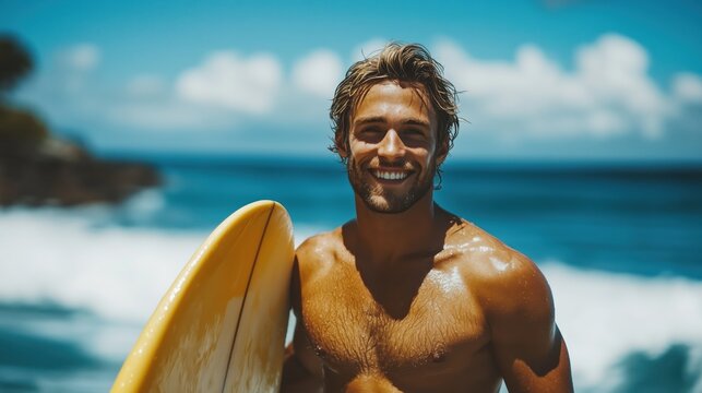 Smiling bald african american senior man shielding eyes and carrying surfboard at beach against sky. Copy space, water sports, recreation, retirement, unaltered, vacation, enjoyment, nature, sunset.