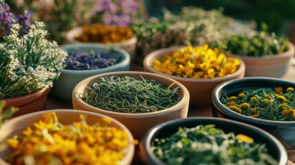 Fototapeta premium Colorful Assortment of Dried Flowers and Herbs in Bowls
