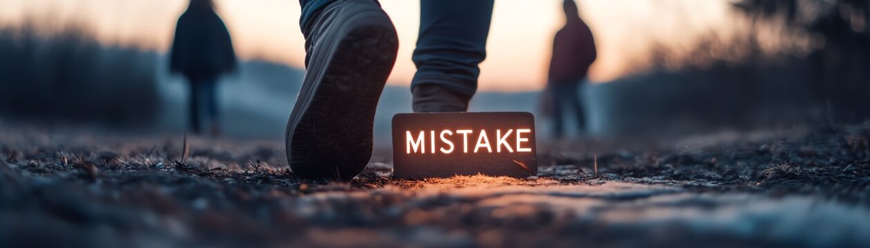 Close-up of person's foot stepping on illuminated Mistake sign on a gravel road, with blurred figures in the background at sunset.