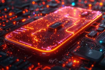 Futuristic smartphone with quantum cryptography, digital keys, and bright neon light elements