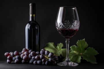 Obraz premium Exploring the elegance of dark red wine bottle alongside fresh grapes in a moody setting