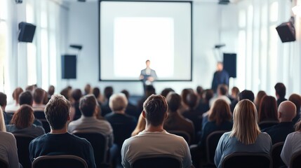Business and entrepreneurship conference. Presenter delivering a speech at a business event. Attendees seated in the conference hall. Rear view of an unidentifiable audience member.